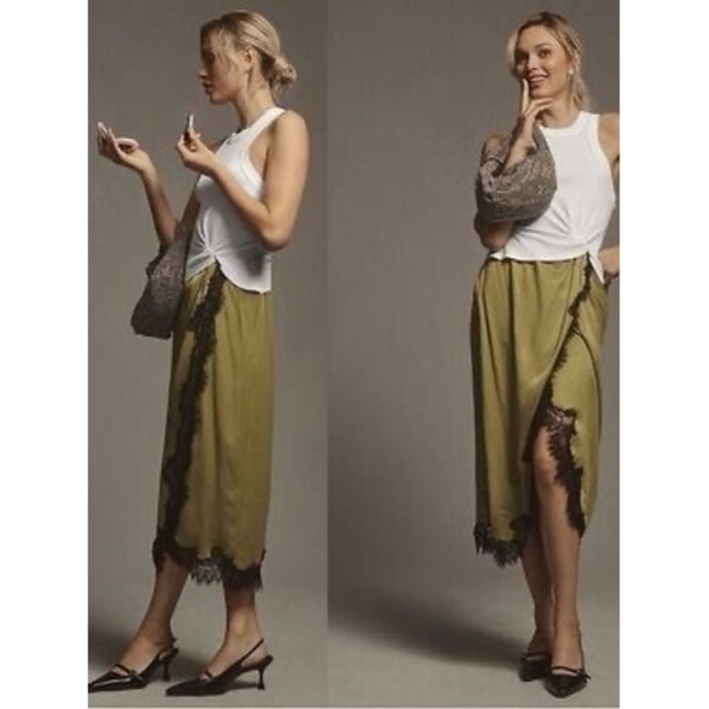 Anthropologie Ribbed Tank and Lace Trim Satin Midi Skirt Set Moss Green White XS